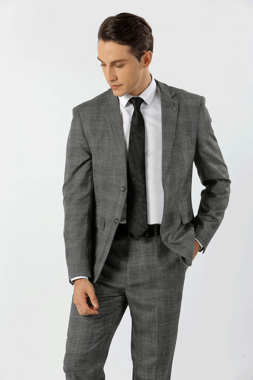 Harper Textured Check Suit Steel