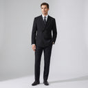 Arlo Double Breasted No Satin Lapel Jacket Black | Place the product on to a male model standing in a studio on a light grey background.