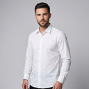 Bamboo Shirt with Stretch White | Man wearing this shirt. Do not copy the face of the visual reference.