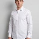 Duke Poplin Long Sleeve French Cuff Shirt Ivory | Man wearing this formal long sleeve shirt.