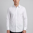 Duke Poplin Long Sleeve French Cuff Shirt White | Man wearing this formal long sleeve shirt.