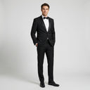 Heston Fine Twill Plain Shawl Lapel Jacket Black | Place the product on to a male model standing in a studio on a light grey background.