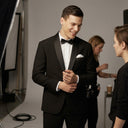 Heston Fine Twill Plain Shawl Lapel Jacket Black | Male model wearing product in a photography studio setting.