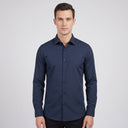Hugo Poplin Long Sleeve Shirt Navy | Man wearing this formal long sleeve shirt.