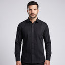 Jasper Poplin Long Sleeve Dinner Shirt-Regular Collar Black | Man wearing this formal long sleeve shirt.