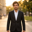 Leonardo Brocade Dinner Jacket Black | Use the uploaded model image and uploaded clothing product images as the exact references.