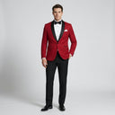 Leonardo Brocade Dinner Jacket DEEP Red | Place the product on to a male model standing in a studio on a light grey background.