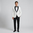 Leonardo Brocade Dinner Jacket Ivory |  male model standing in a studio on a light grey background.