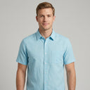 Linen Cotton Short Sleeve Shirt Aqua | Man wearing this shirt. Do not copy the face of the visual reference.