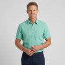 Linen Cotton Short Sleeve Shirt Green | Man wearing this shirt. Do not copy the face of the visual reference.