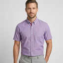 Linen Cotton Short Sleeve Shirt Lilac | Man wearing this shirt. Do not copy the face of the visual reference.
