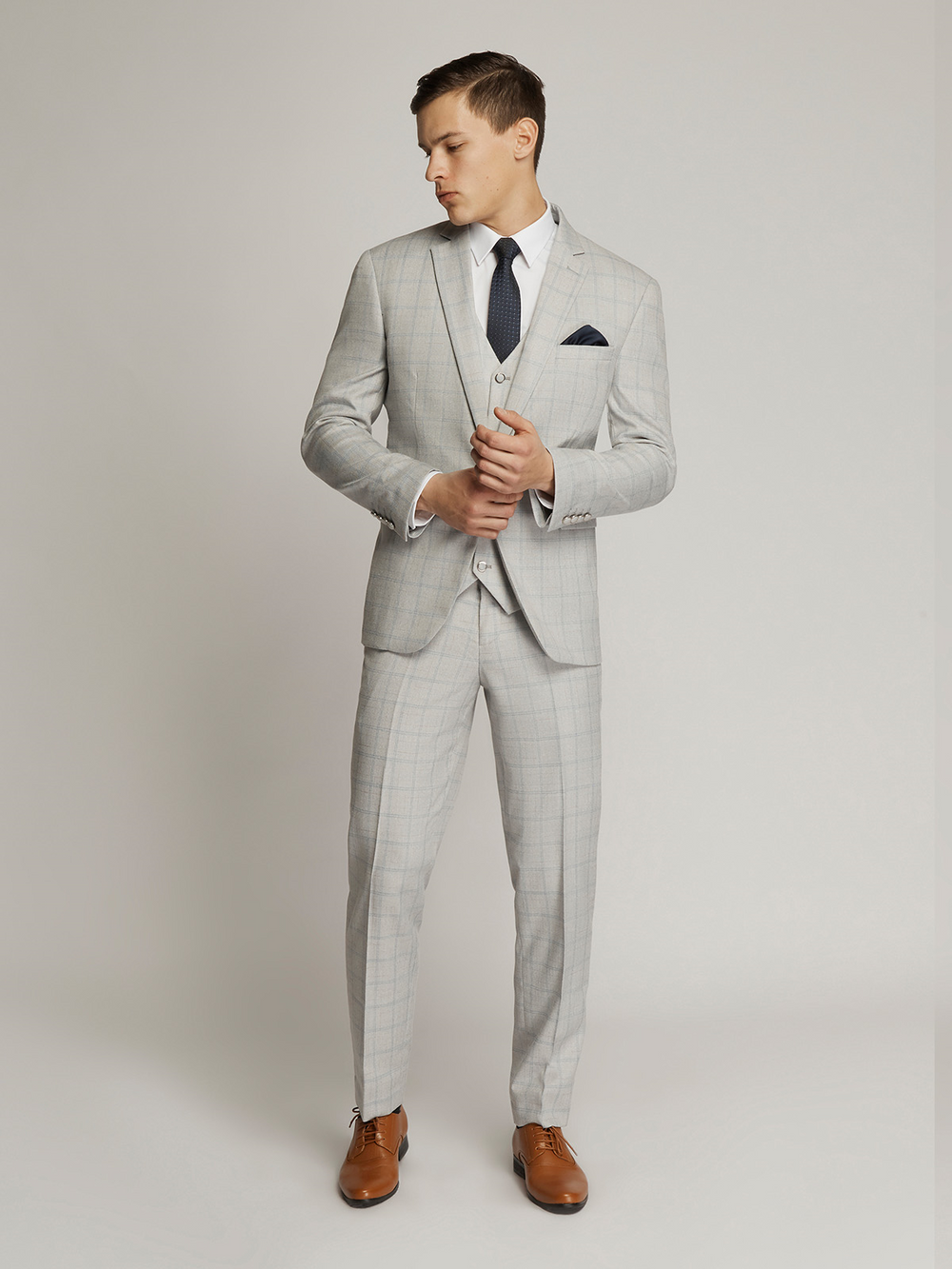 Langcaster Windowpane Check Flatfront Trousers GREY