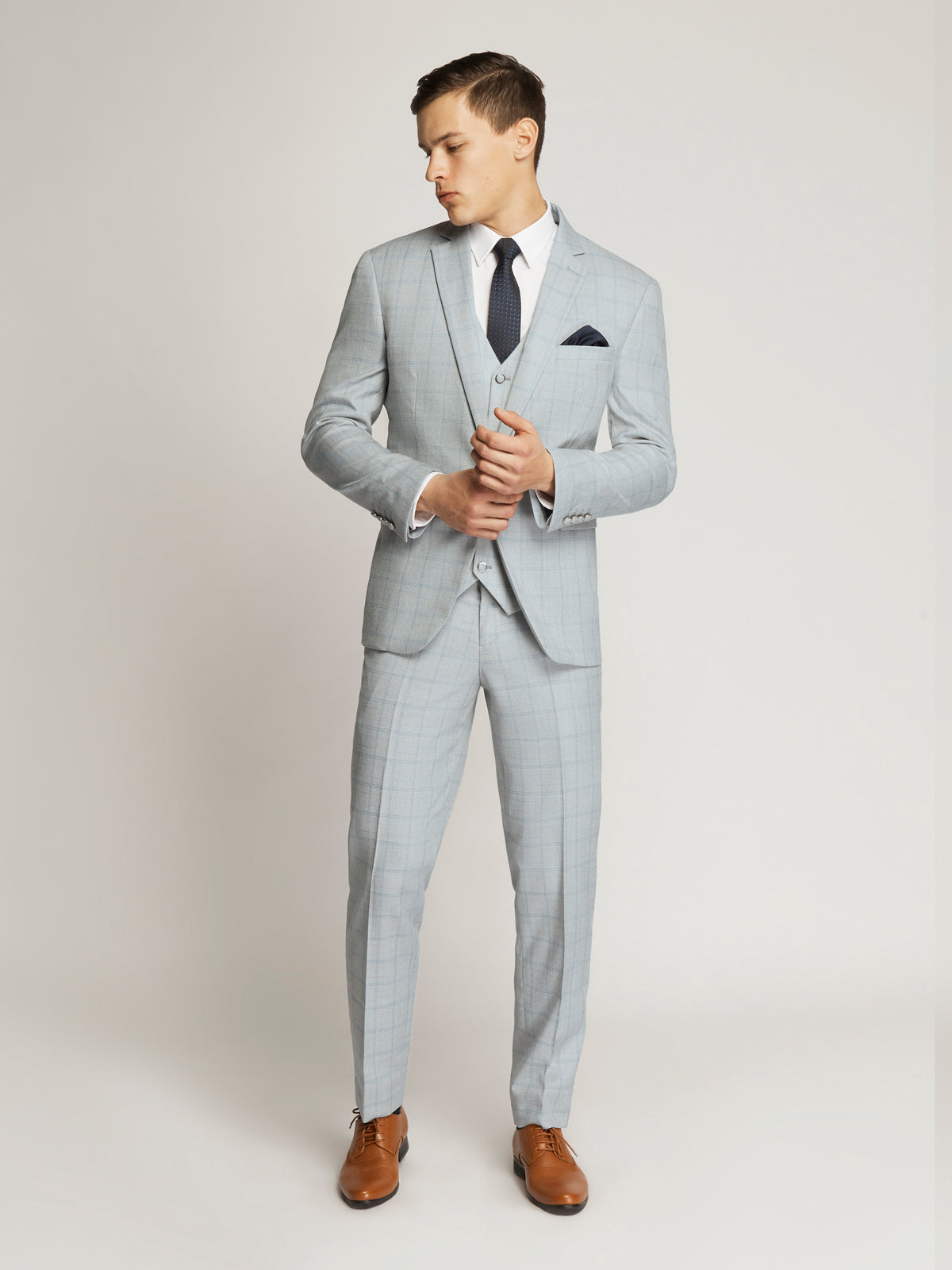 Langcaster Windowpane Check Suit Sky