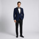 Max Fine Micro Texture Shawl Lapel Jacket NAVY | Place the product on to a male model standing in a studio on a light grey background.