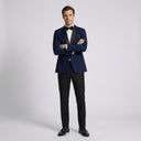 Max Fine Micro Texture Shawl Lapel Jacket NAVY | Same again, but the model is now standing in a completely different pose.