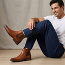Men's Brass Leather Chelsea Slip-on Boots | Use the selected product image as the exact product identity and material reference, not as a composition to copy.