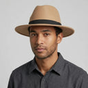 Men's Felt Fedora Hat BEIGE | Place this hat on the head of a male. The image should be taken in a studio setting on a light grey backround.
