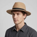 Men's Felt Fedora Hat BEIGE | Place this hat on the head of a male. The image should be taken in a studio setting on a light grey backround.
