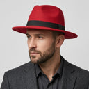 Men's Felt Fedora Hat RED | Place this hat on the head of a male. The image should be taken in a studio setting on a light grey backround.