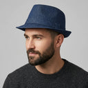 Men's Summer Trilby DENIM BLUE | Place this hat on the head of a male. The image should be taken in a studio setting on a light grey backround.
