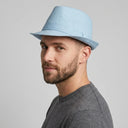 Men's Summer Trilby DENIM SKY | Place this hat on the head of a male. The image should be taken in a studio setting on a light grey backround.
