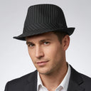 Men's Summer Trilby PINSTRIPE BLACK | Place this hat on the head of a male. The image should be taken in a studio setting on a light grey backround.