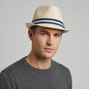 Men's Summer Trilby STRAW BEIGE | Place this hat on the head of a male. The image should be taken in a studio setting on a light grey backround.
