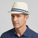 Men's Summer Trilby STRAW CREAM | Place this hat on the head of a male. The image should be taken in a studio setting on a light grey backround.