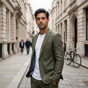 Oliver Jacket Moss | Use the uploaded model image and uploaded clothing product images as the exact references.