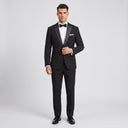 Olivero Men's Satin Peak Lapel Jacket Black | Place the product on to a male model standing in a studio on a light grey background.