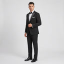 Olivero Men's Satin Peak Lapel Jacket Black | Same as first image, but have the model standing side on or at an alternative angle towards the camera.