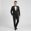 Olivero Men's Satin Peak Lapel Jacket Black | Same again, but the model is now standing in a completely different pose.