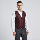 Paisley Vest BURGUNDY | A man wearing this vest. He should be standing on a light grey studio background.