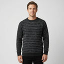 Striped Wool Crew Pullover - Black | Man wearing this casual pullover. Have the man standing in front of a light grey backround, showing from the waist up.
