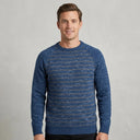 Striped Wool Crew Pullover - Navy | Man wearing this casual pullover. Have the man standing in front of a light grey backround, showing from the waist up.