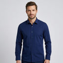 William Bamboo Stretch Shirt Navy | Man wearing this formal long sleeve shirt.