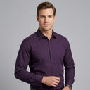 William Bamboo Stretch Shirt Plum | Man wearing this formal long sleeve shirt.