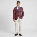 Wool Blend Check Sports Jacket - Burgundy | Place the product on to a male model standing in a studio on a light grey background.