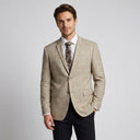Wyatt Windowpane Check Jacket Camel | Place the product on to a male model standing in a studio on a light grey background.