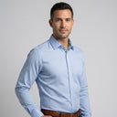 YF Shirts SKY/WHITE | Man wearing this shirt. Do not copy the face of the visual reference.